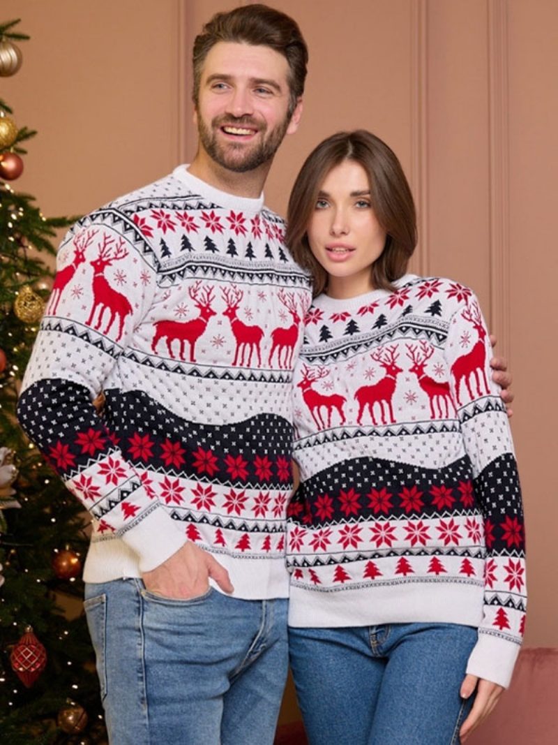 Damen-pullover Mit Weihnachtsmuster Rundhalsausschnitt Lange Ärmel Pullover Für Paare - Weiß