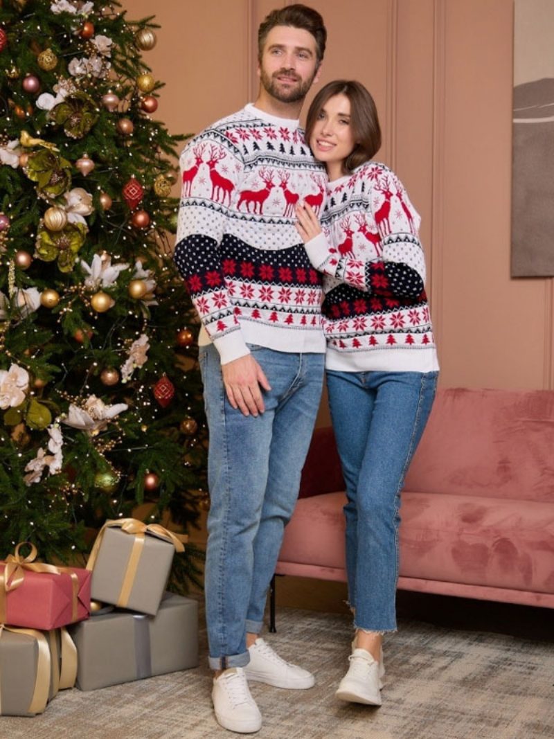 Damen-pullover Mit Weihnachtsmuster Rundhalsausschnitt Lange Ärmel Pullover Für Paare - Weiß