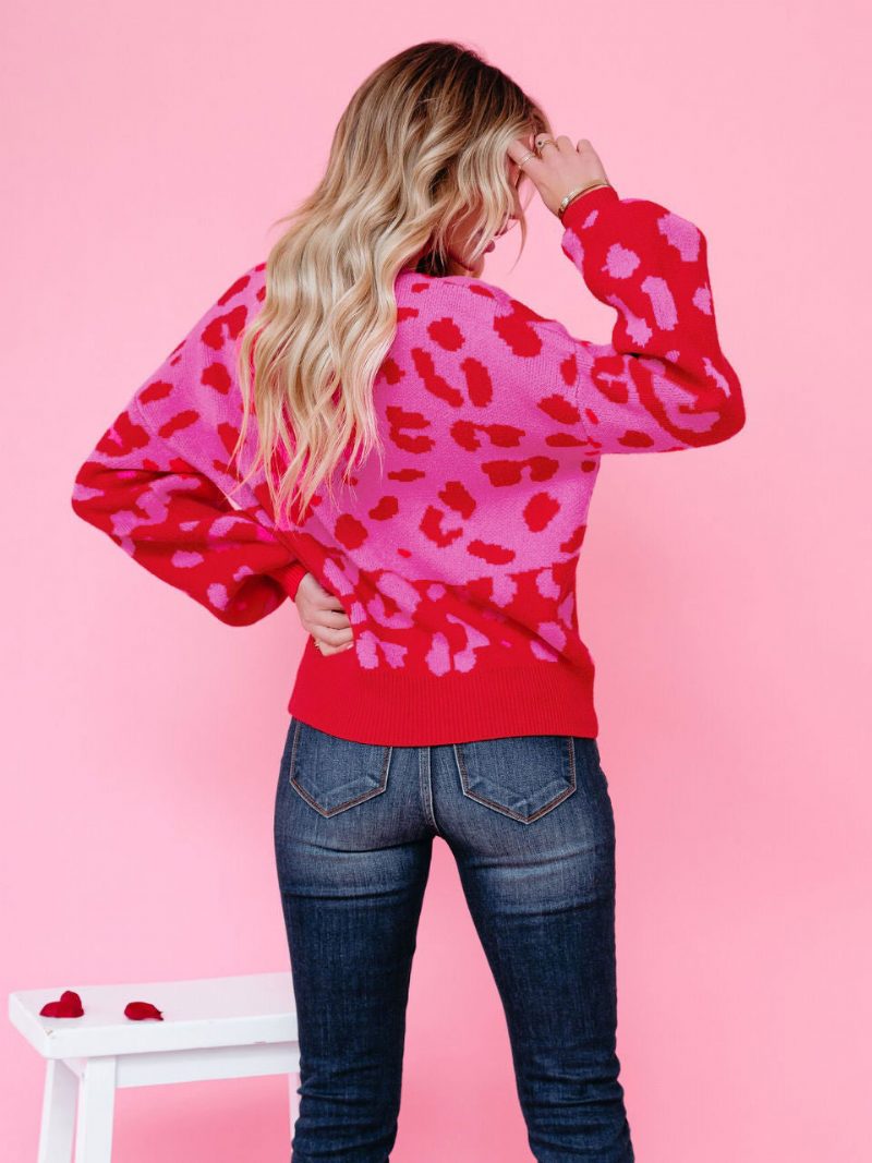 Damen-pullover Rosen-leopardenmuster Schmuckhalsausschnitt Lange Ärmel Acryl-pullover - Rose