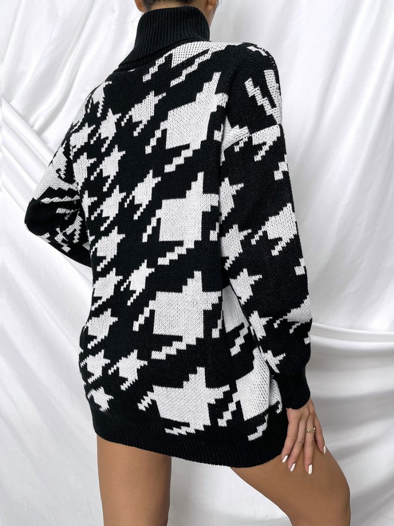 Damen-pullover Schwarz Geometrisch Hoher Kragen Lange Ärmel - Schwarz