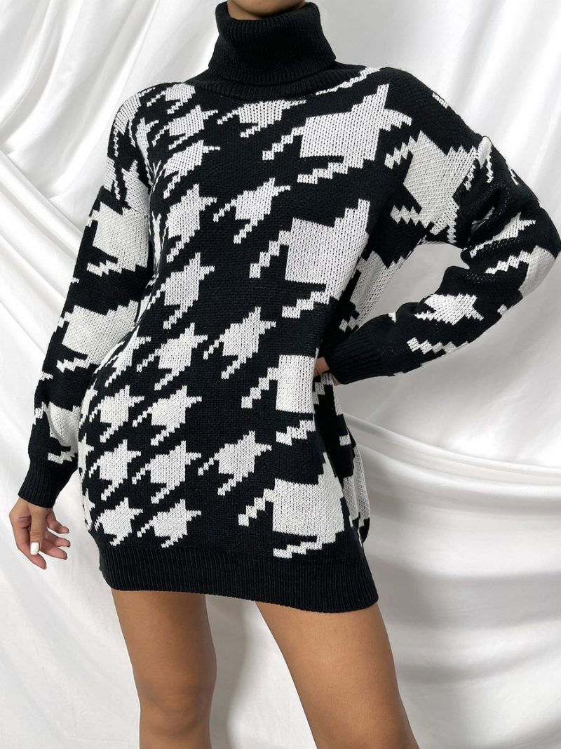 Damen-pullover Schwarz Geometrisch Hoher Kragen Lange Ärmel - Schwarz