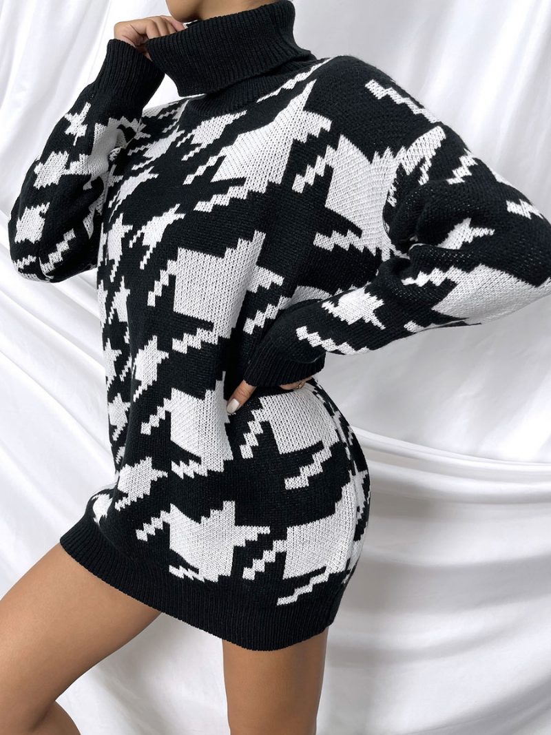 Damen-pullover Schwarz Geometrisch Hoher Kragen Lange Ärmel - Schwarz