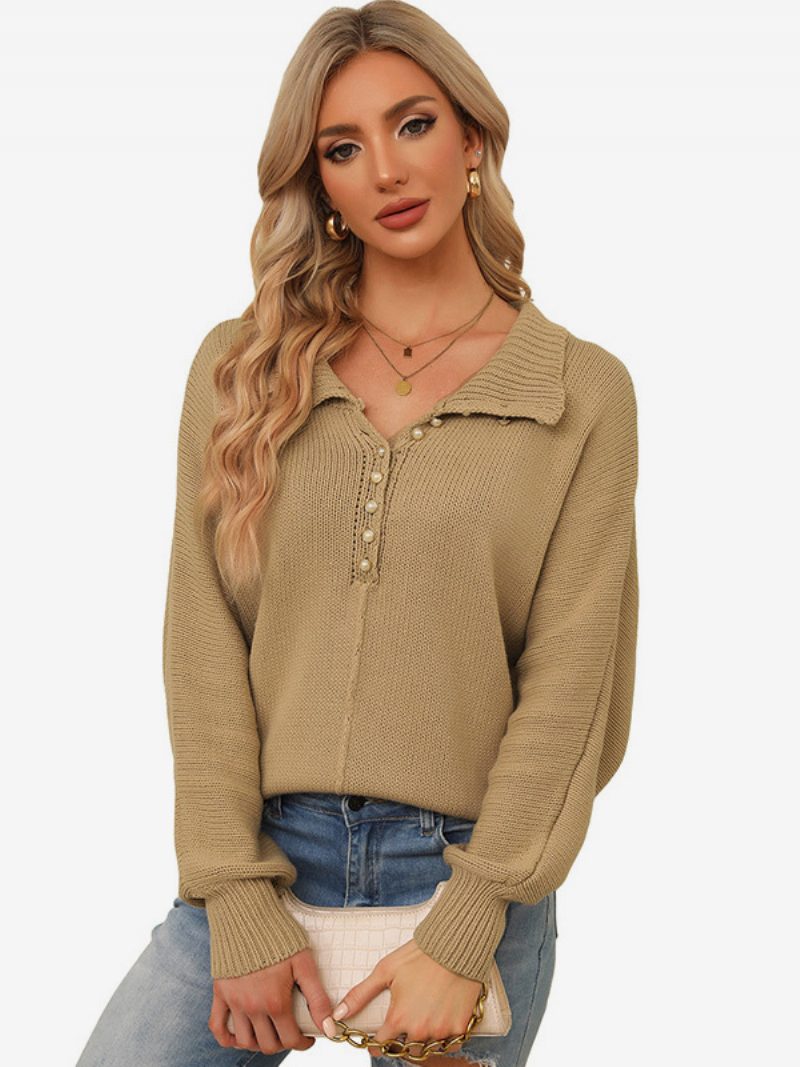 Damen-strickpullover Knöpfe Lange Ärmel Gerippte Bündchen Einfacher Pullover - Khaki