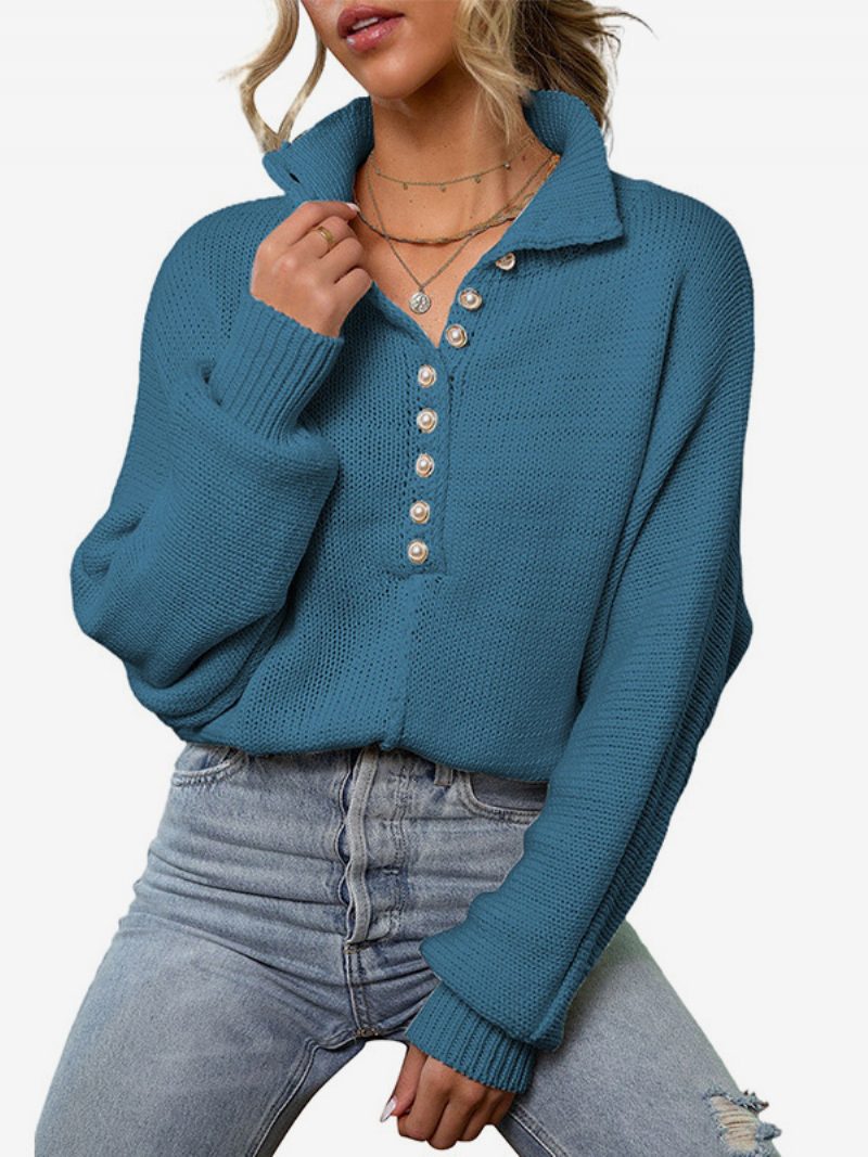 Damen-strickpullover Knöpfe Lange Ärmel Gerippte Bündchen Einfacher Pullover - Blau