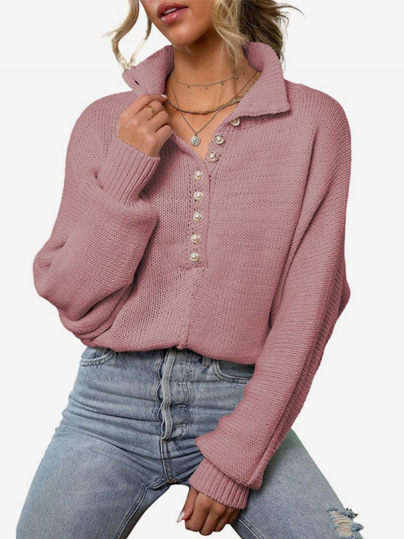 Damen-strickpullover Knöpfe Lange Ärmel Gerippte Bündchen Einfacher Pullover - Rosa