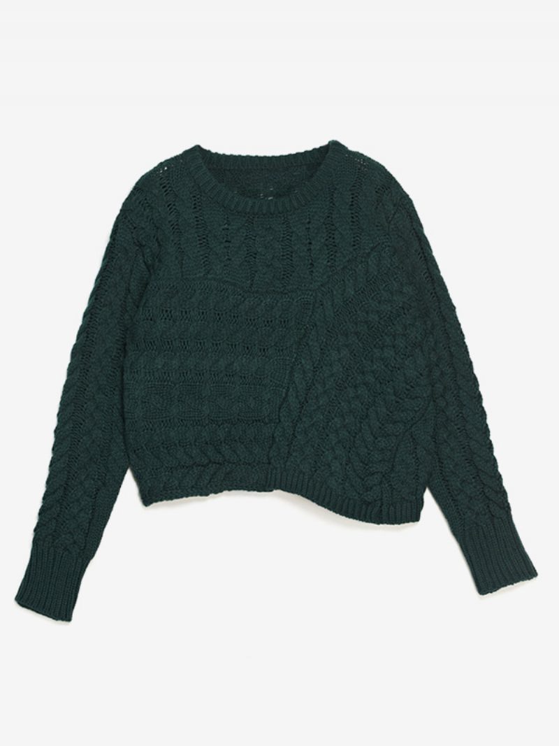 Damenpullover Mit Zopfmuster Rundhalsausschnitt Langen Ärmeln Gerippten Bündchen Lässiger Pullover - Dunkles Marineblau