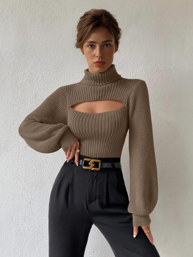 Gerippter Pullover Mit Hohem Kragen Ausschnittmanschette Sexy Für Damen