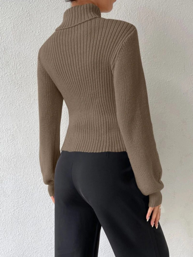 Gerippter Pullover Mit Hohem Kragen Ausschnittmanschette Sexy Für Damen - Khaki