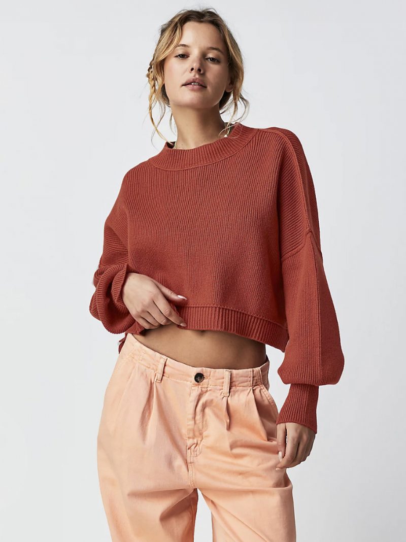 Gerippter Pullover Mit Überschnittener Schulter Und Langen Ärmeln Geschlitztes Crop-top Für Damen