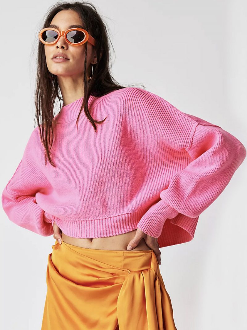 Gerippter Pullover Mit Überschnittener Schulter Und Langen Ärmeln Geschlitztes Crop-top Für Damen - Rose