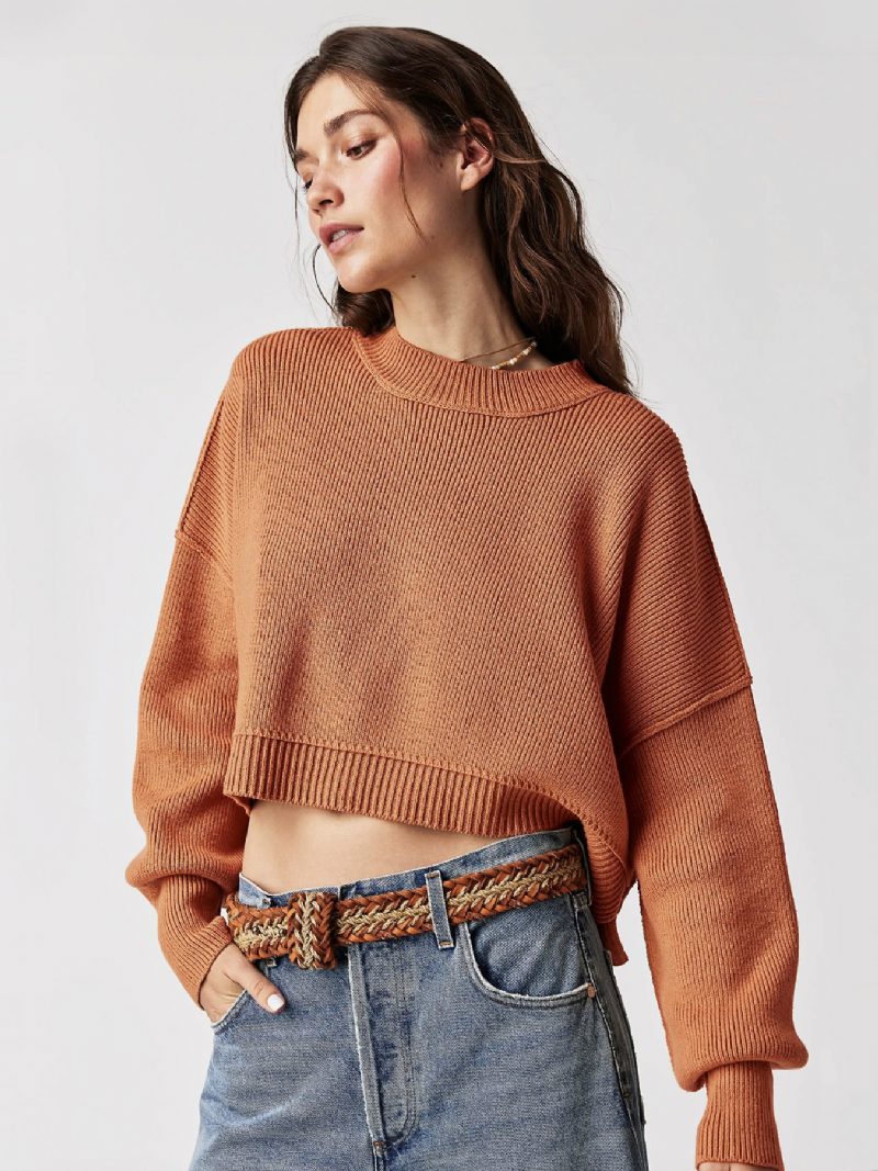 Gerippter Pullover Mit Überschnittener Schulter Und Langen Ärmeln Geschlitztes Crop-top Für Damen - Hellbraun