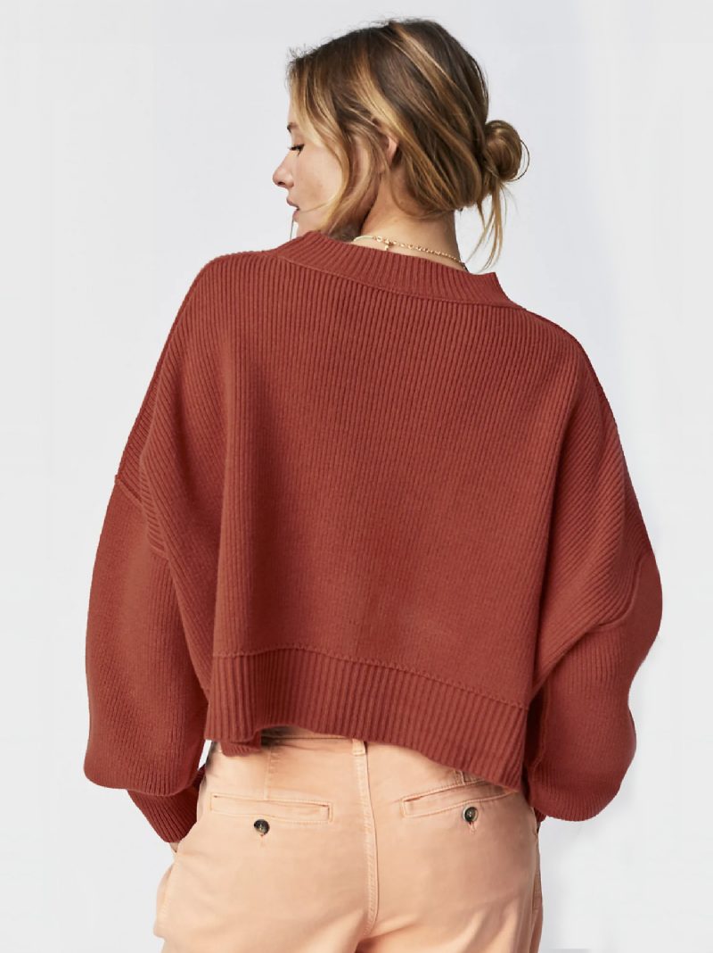 Gerippter Pullover Mit Überschnittener Schulter Und Langen Ärmeln Geschlitztes Crop-top Für Damen - Mahagoni