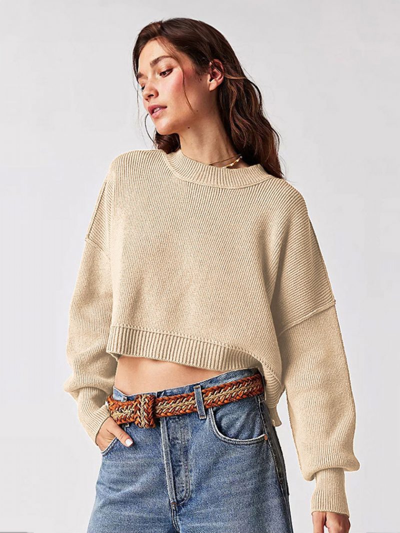 Gerippter Pullover Mit Überschnittener Schulter Und Langen Ärmeln Geschlitztes Crop-top Für Damen - Khaki