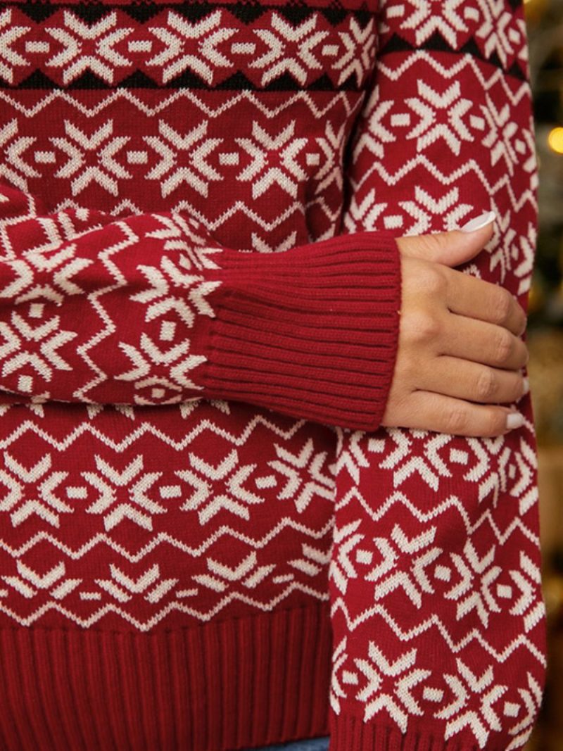 Kirschroter Pullover Für Damen Rollkragenpullover Mit Weihnachtsmuster - Rot