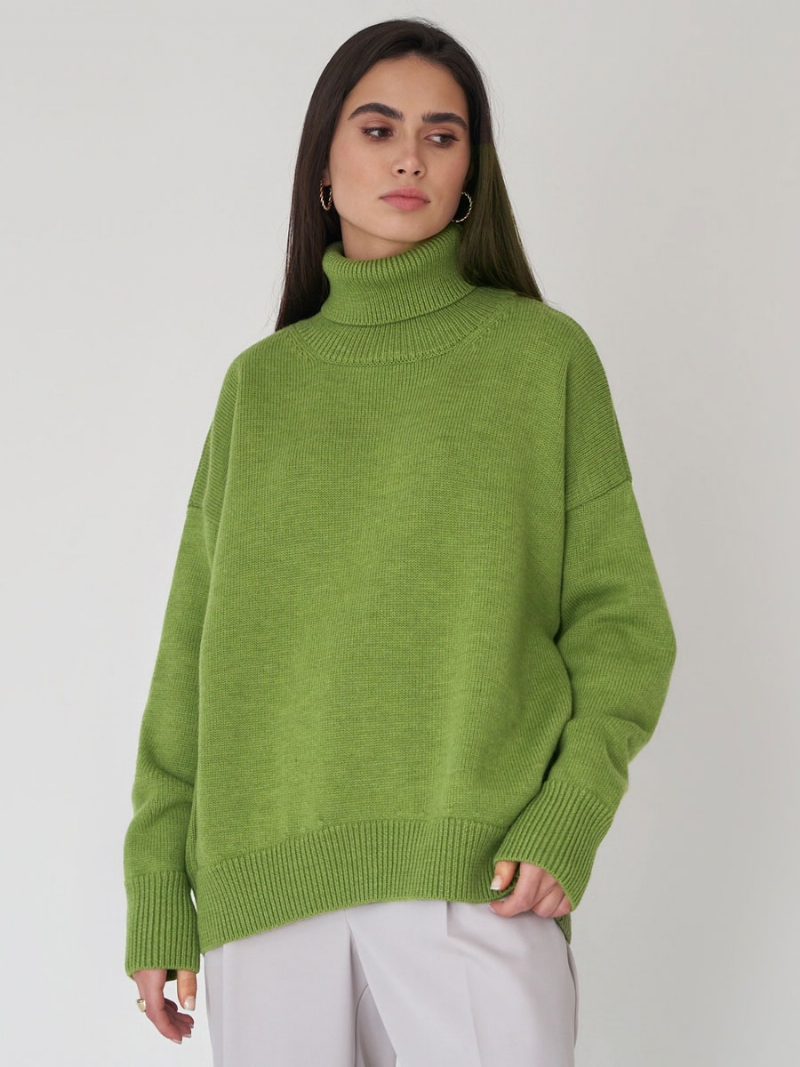 Pullover Für Damen Graue Acrylpullover Mit Hohem Kragen Und Langen Ärmeln - Oliv