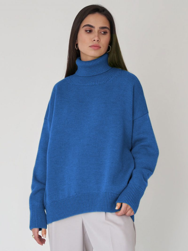 Pullover Für Damen Graue Acrylpullover Mit Hohem Kragen Und Langen Ärmeln - Blau