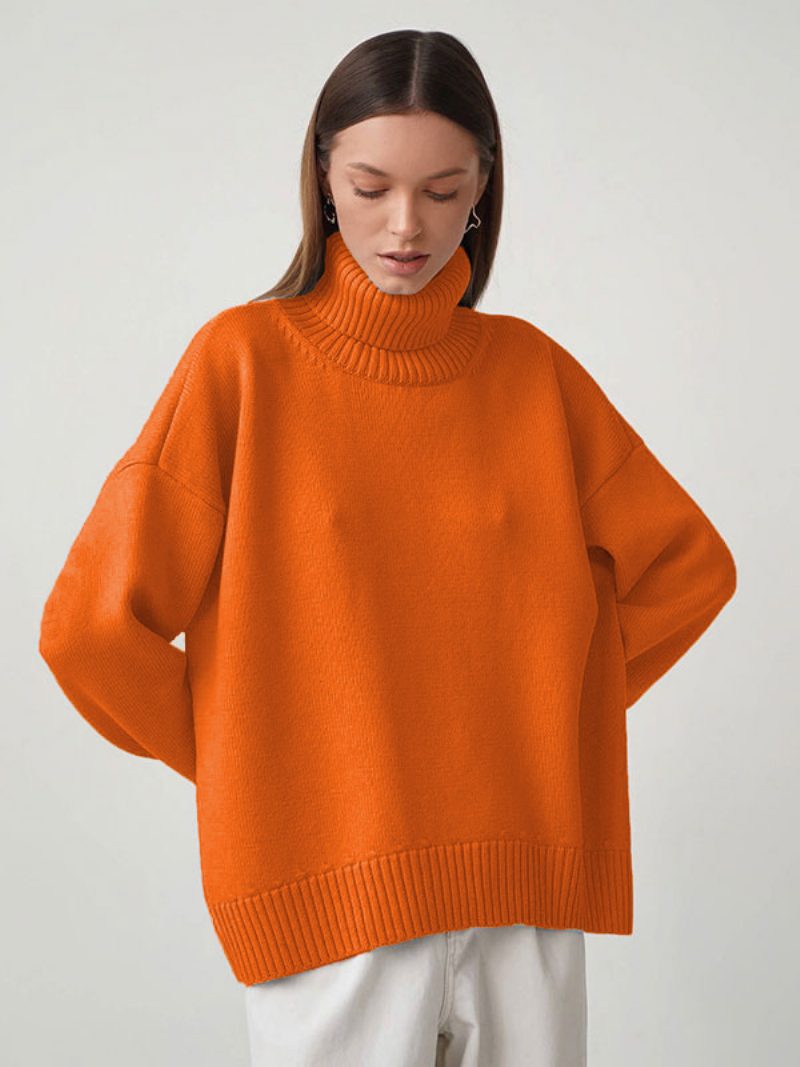 Pullover Für Damen Graue Acrylpullover Mit Hohem Kragen Und Langen Ärmeln - Orange