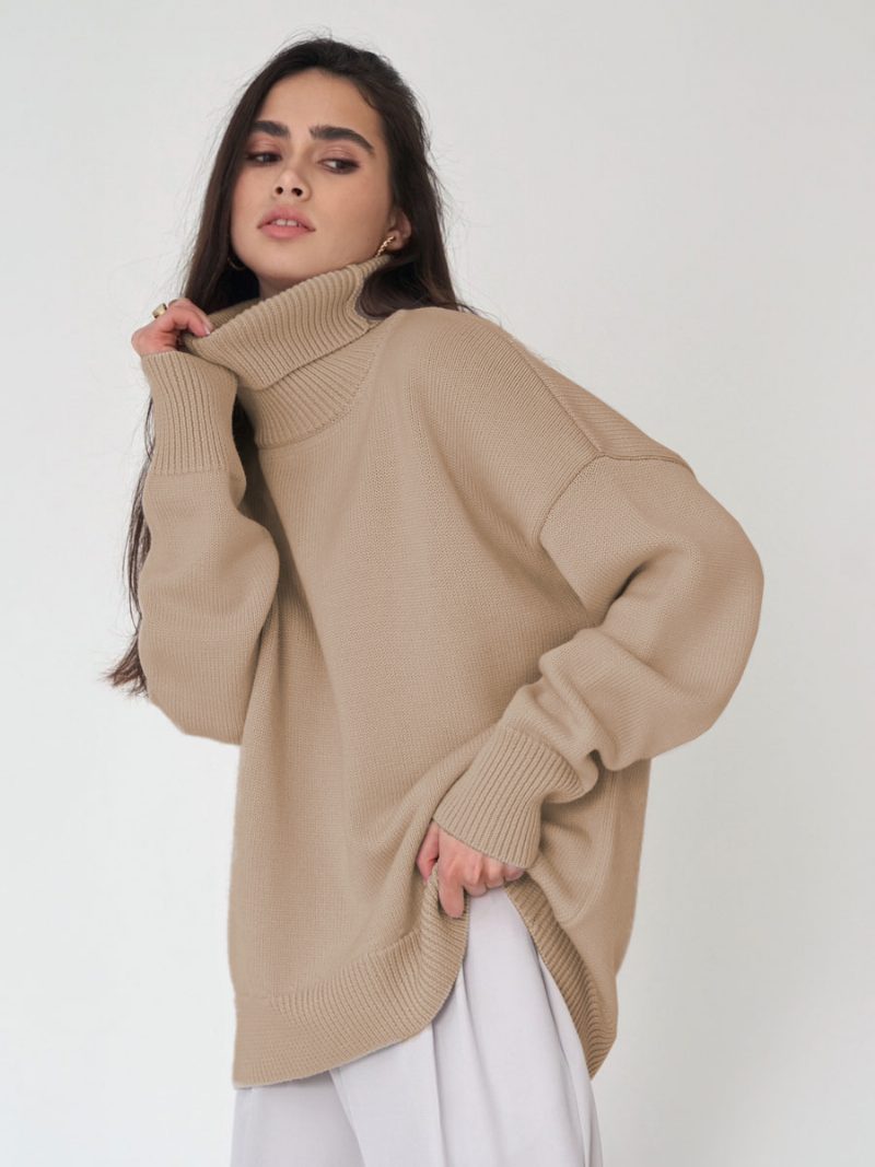 Pullover Für Damen Graue Acrylpullover Mit Hohem Kragen Und Langen Ärmeln - Khaki