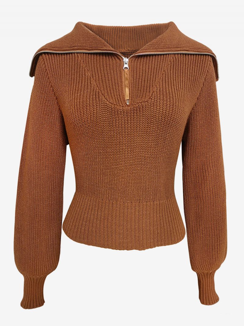 Pullover Für Damen Khaki Umlegekragen Lange Ärmel Baumwollpullover - Tiefbraun