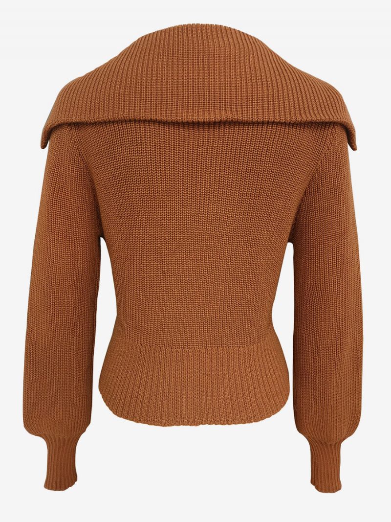 Pullover Für Damen Khaki Umlegekragen Lange Ärmel Baumwollpullover - Tiefbraun