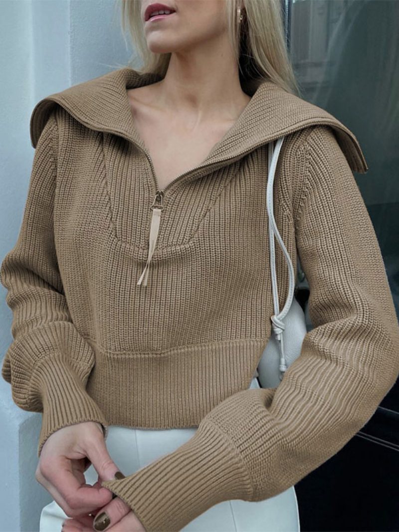 Pullover Für Damen Khaki Umlegekragen Lange Ärmel Baumwollpullover - Khaki