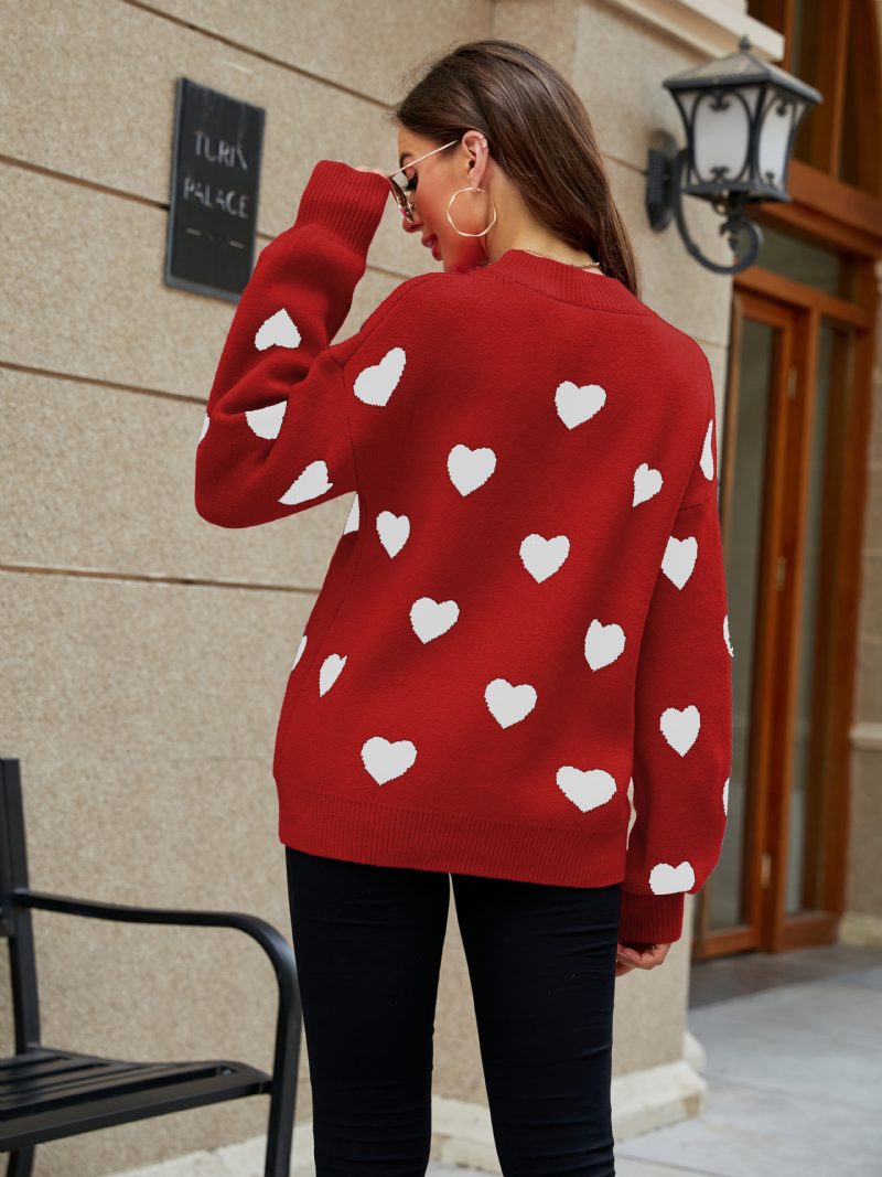 Pullover Für Damen Rose Zweifarbige Mit Juwelenhals Und Langen Ärmeln Aus Acryl - Rot