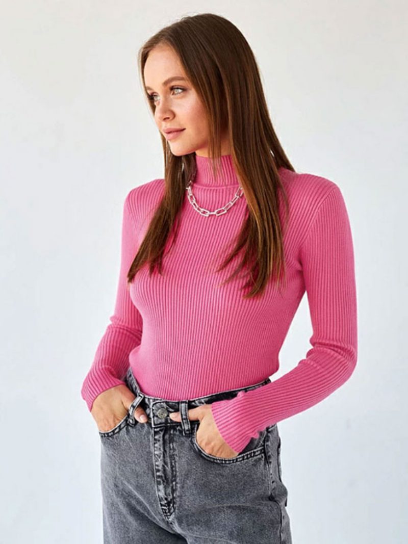 Pullover Tops Für Damen Graue Mit Hohem Kragen Und Langen Ärmeln - Rose