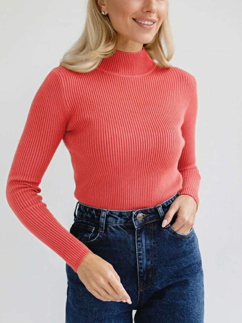 Pullover Tops Für Damen Graue Mit Hohem Kragen Und Langen Ärmeln - Wassermelonenrot