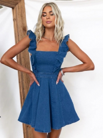 Damen-sommerkleid Träger Hals Rüschen Blau Kurzes Strandkleid