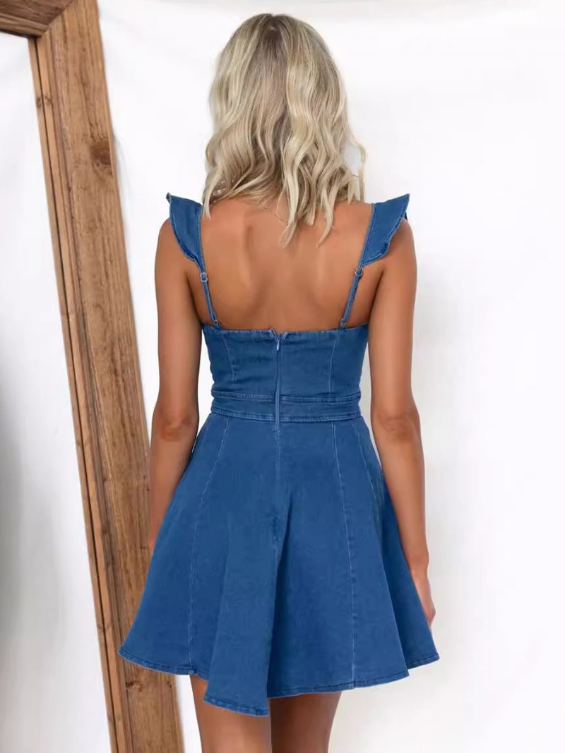 Damen-sommerkleid Träger Hals Rüschen Blau Kurzes Strandkleid - Blau