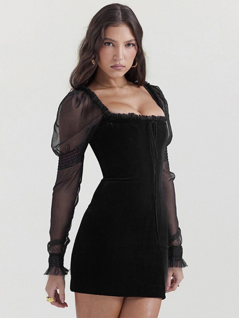 Sexy Schwarzes Kleid Für Damen Quadratischer Ausschnitt Rüschen Schnürung Rückenfreie Minikleider - Schwarz