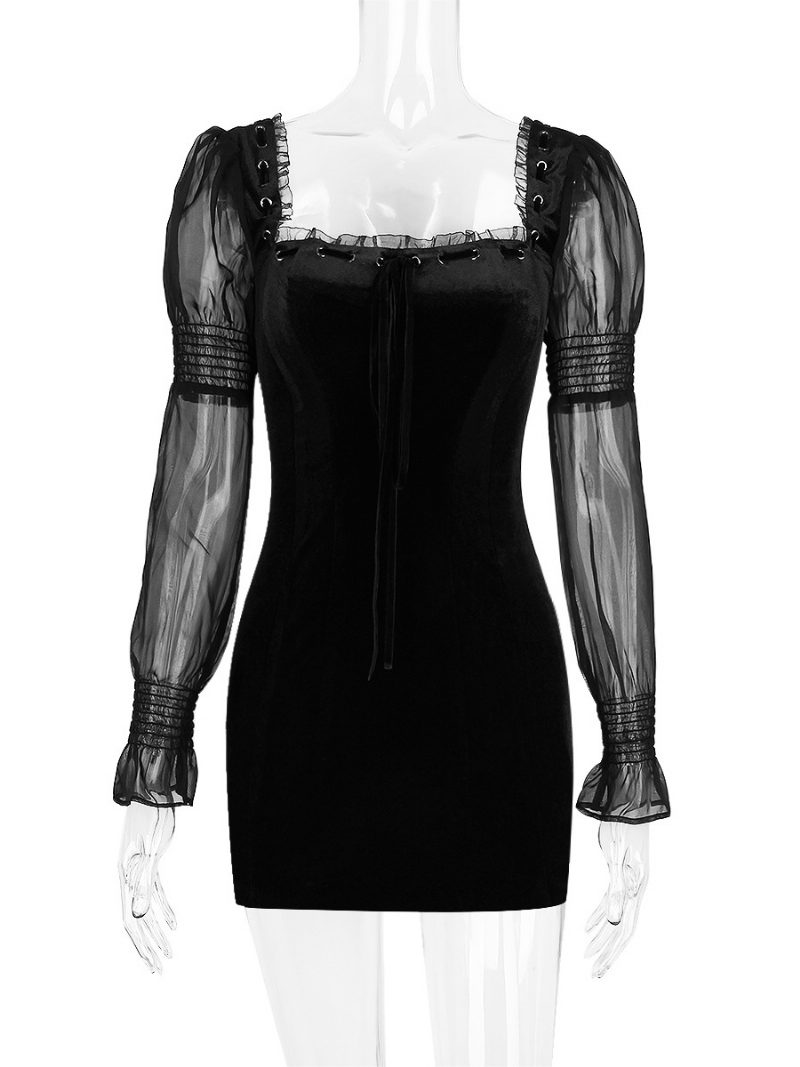 Sexy Schwarzes Kleid Für Damen Quadratischer Ausschnitt Rüschen Schnürung Rückenfreie Minikleider - Schwarz