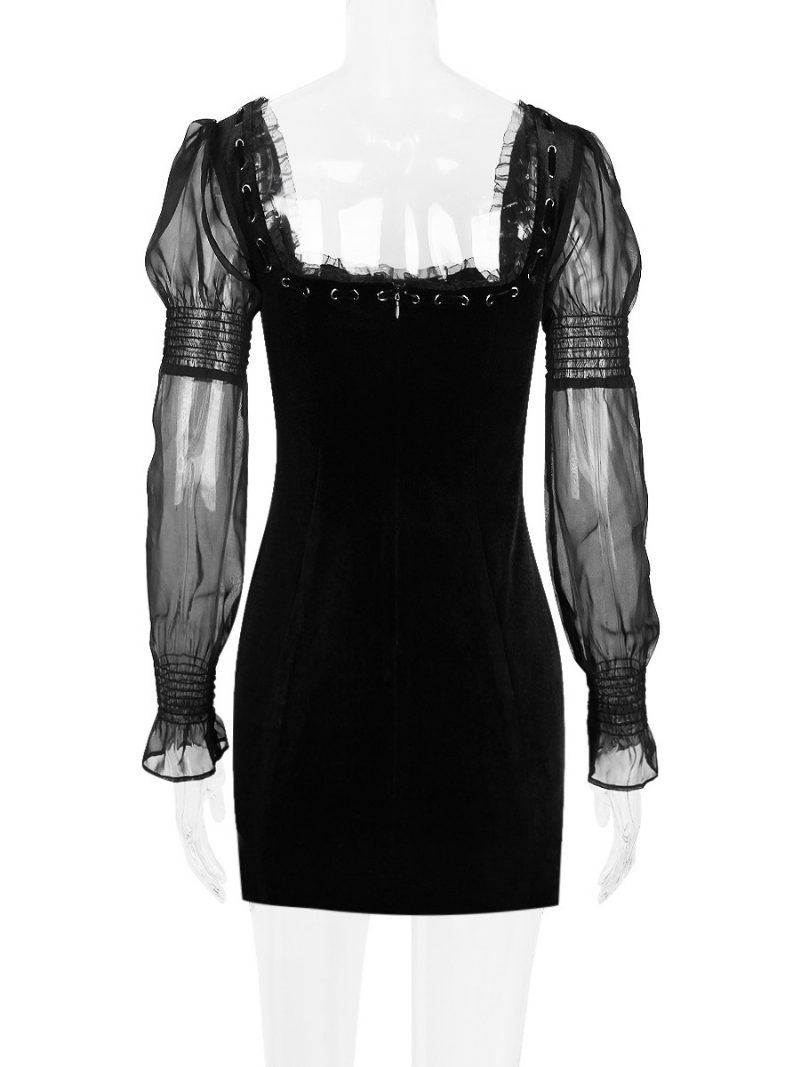 Sexy Schwarzes Kleid Für Damen Quadratischer Ausschnitt Rüschen Schnürung Rückenfreie Minikleider - Schwarz