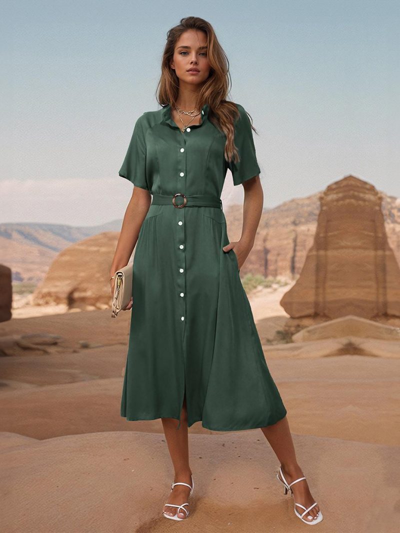 Damen-hemdkleid Kurze Ärmel Gürtel Ringdetails Knöpfe Sommer-midi-kleider