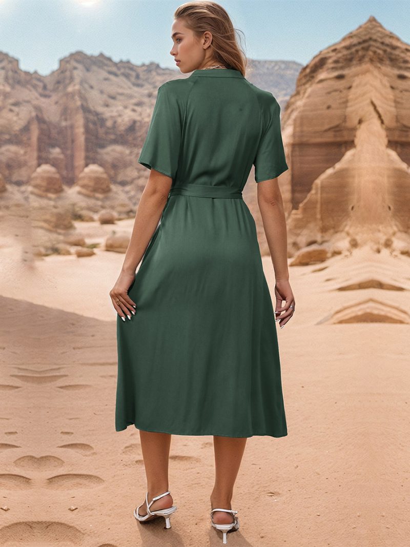 Damen-hemdkleid Kurze Ärmel Gürtel Ringdetails Knöpfe Sommer-midi-kleider - Jägergrün