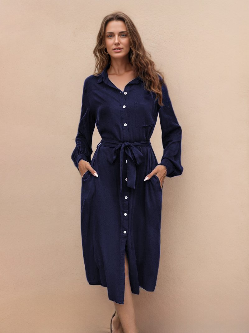 Damen-hemdkleid Lange Ärmel Knöpfe Vorne Midi-kleid Mit Gürtel - Dunkles Marineblau