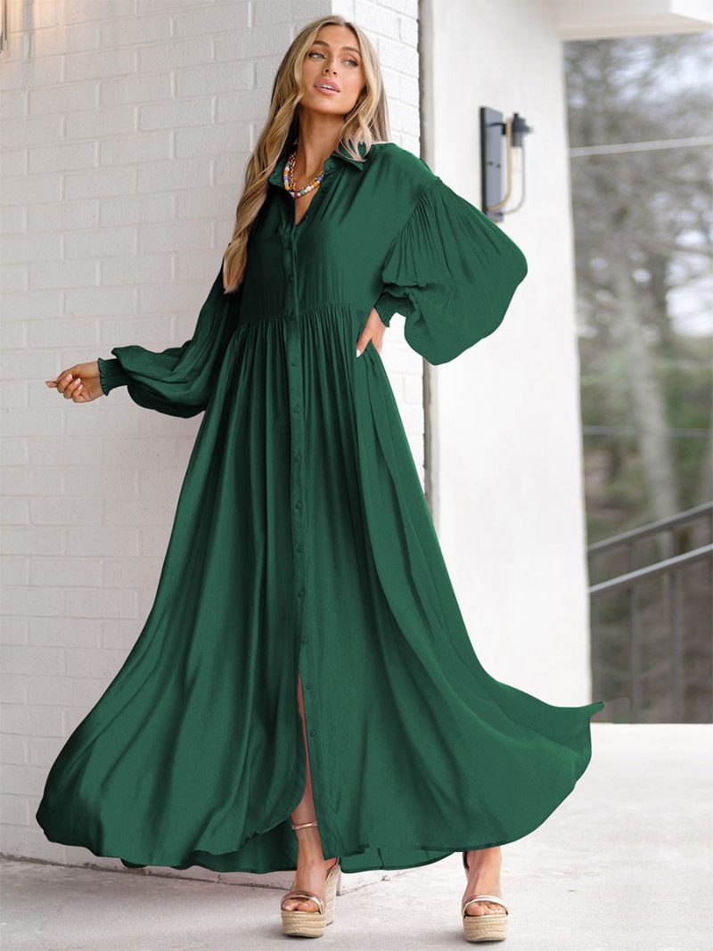 Damen-maxikleid Weißes Hemdkleid Mit Umlegekragen Und Langen Ärmeln Übergröße - Grün