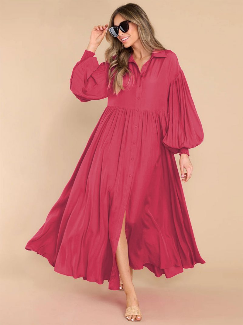 Damen-maxikleid Weißes Hemdkleid Mit Umlegekragen Und Langen Ärmeln Übergröße - Rose