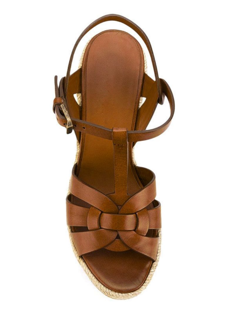 Braune Keilsandalen Für Damen Plattform Pu Gewebt T-riemen Keilschuhe - Kaffeebraun