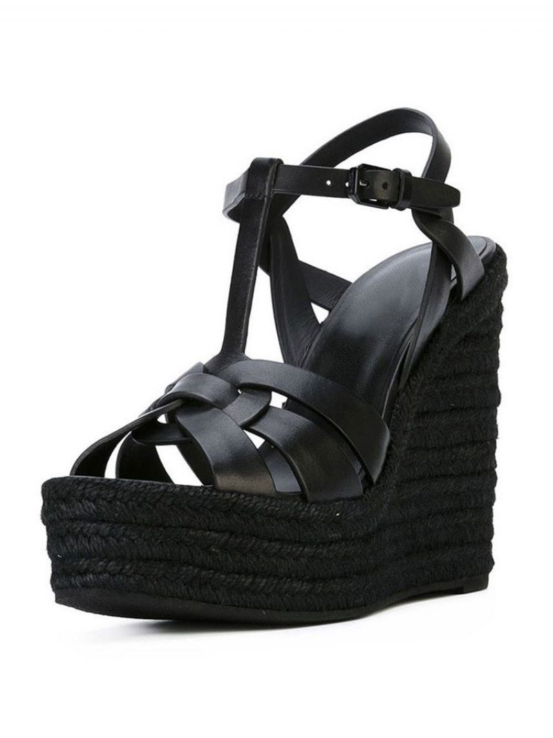 Braune Keilsandalen Für Damen Plattform Pu Gewebt T-riemen Keilschuhe - Schwarz