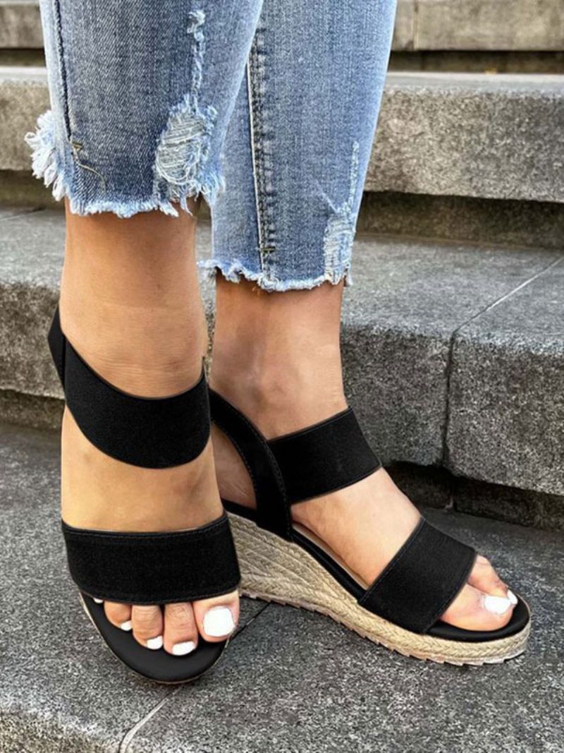 Damen-espadrilles-sandalen Mit Keilabsatz Street Wear Pu-leder Offene Zehen-espadrilles-sandalen - Schwarz