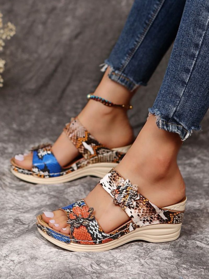 Damen-espadrilles-sandalen Mit Keilabsatz Streetwear Bedruckt Pu-leder Offene Zehenpartie - Python