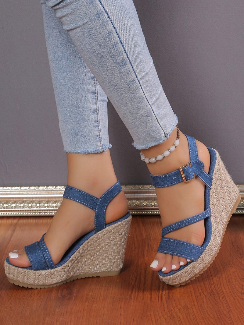 Damen-jeans-keilsandalen Mit Plateau-schnallendetails