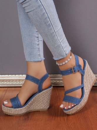 Damen-jeans-keilsandalen Mit Plateau-schnallendetails