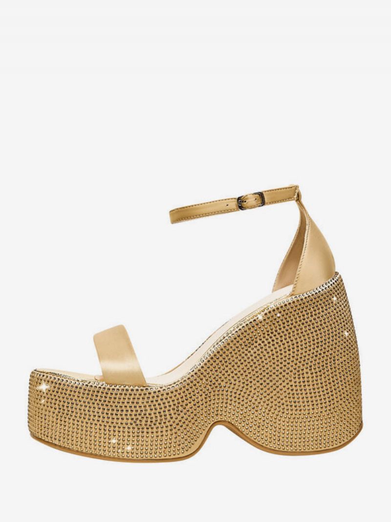 Damen-keilsandalen Aus Pu-leder Mit Strasssteinen - Gold