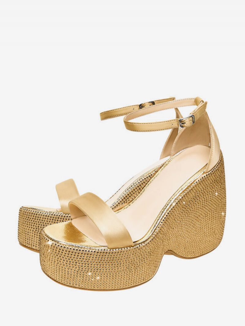 Damen-keilsandalen Aus Pu-leder Mit Strasssteinen - Gold