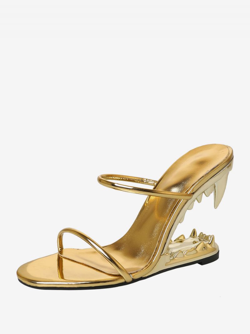 Damen-keilsandalen Aus Schwarzem Pu-leder Mit Sharke-zähne-design - Gold