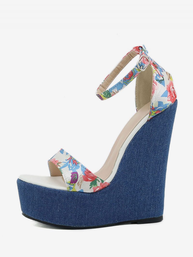 Damen-keilsandalen Denim-plattform Blumenmuster Knöchelriemen Keilschuhe - Blau