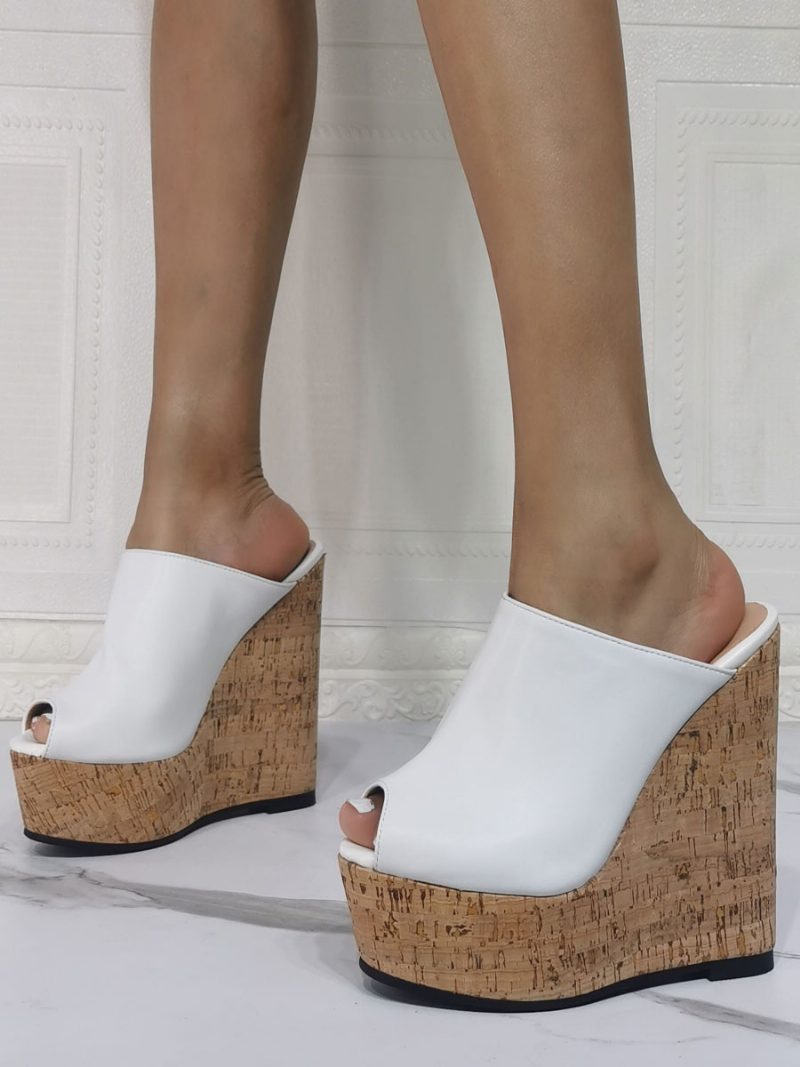 Damen-mules Mit Peeptoe-plateau Und Keilabsatz - Weiß