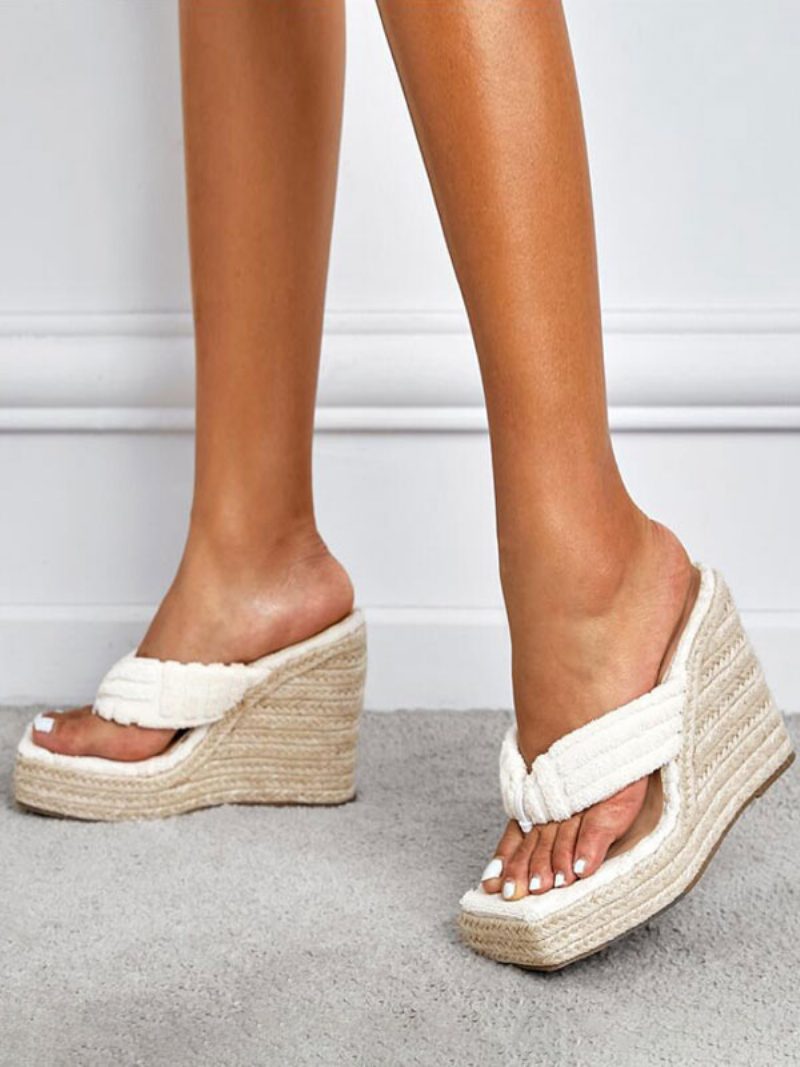 Damen-plateau-espadrille-keil-tanga-sandalen - Weiß